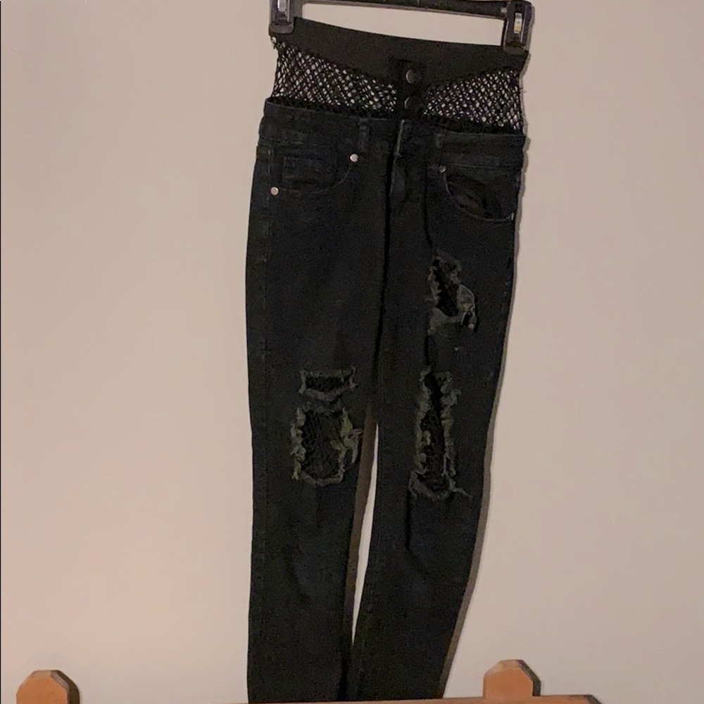 1/2 size black denim ripped fishnet jeans